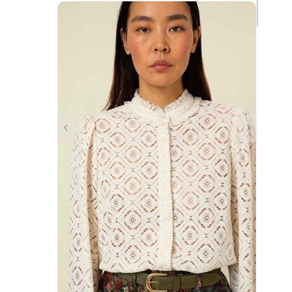 FRNCH Paris Celita Lace Blouse Creme Ruffle Neck Long Sleeve Top Large F12119